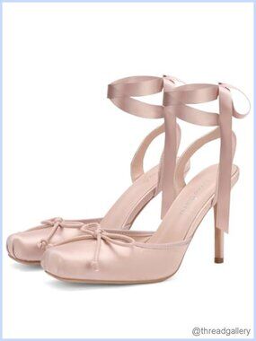 Satin Stiletto Slingback Ballet Heels Square Toe Lace Up